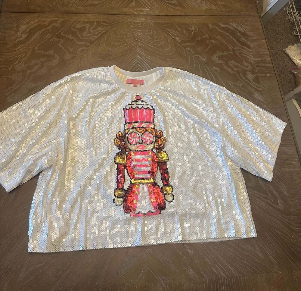 Simply Southern White Sequin Nutcracker Holiday Christmas Top Ugly sweater